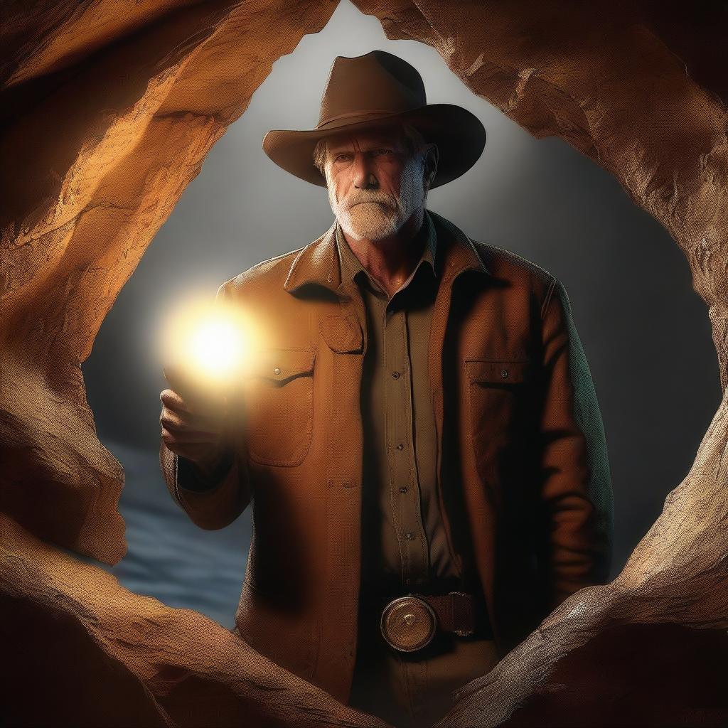 A high-quality digital art image showcasing Rip Wheeler, the character from the 'Yellowstone' series, in the midst of exploring a cave