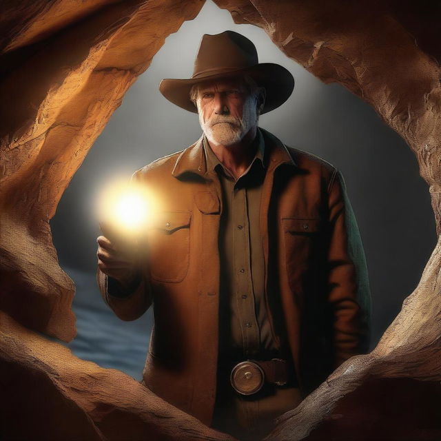 A high-quality digital art image showcasing Rip Wheeler, the character from the 'Yellowstone' series, in the midst of exploring a cave