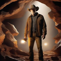 A high-quality digital art image showcasing Rip Wheeler, the character from the 'Yellowstone' series, in the midst of exploring a cave