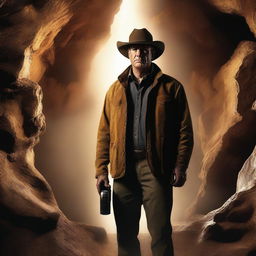 A high-quality digital art image showcasing Rip Wheeler, the character from the 'Yellowstone' series, in the midst of exploring a cave