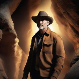 A high-quality digital art image showcasing Rip Wheeler, the character from the 'Yellowstone' series, in the midst of exploring a cave