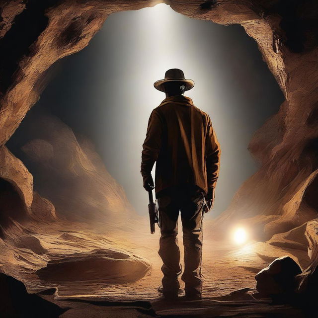 An impressive piece of digital art depicting Rip Wheeler, the character from the 'Yellowstone' series, exploring a cave