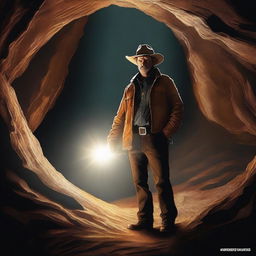 An impressive piece of digital art depicting Rip Wheeler, the character from the 'Yellowstone' series, exploring a cave