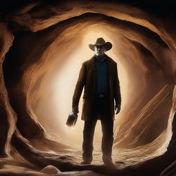 An impressive piece of digital art depicting Rip Wheeler, the character from the 'Yellowstone' series, exploring a cave