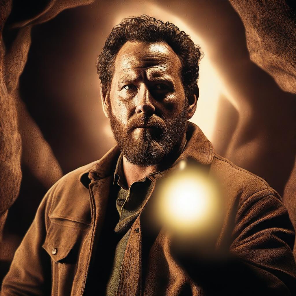 This is a high-quality digital art depiction of actor Cole Hauser, well-known for his role in 'Yellowstone', sporting a full beard and exploring a cave