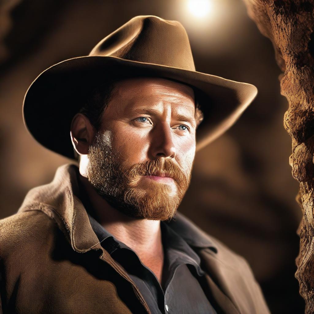 This is a high-quality digital art depiction of actor Cole Hauser, well-known for his role in 'Yellowstone', sporting a full beard and exploring a cave