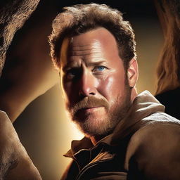 This is a high-quality digital art depiction of actor Cole Hauser, well-known for his role in 'Yellowstone', sporting a full beard and exploring a cave