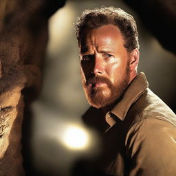 This is a high-quality digital art depiction of actor Cole Hauser, well-known for his role in 'Yellowstone', sporting a full beard and exploring a cave