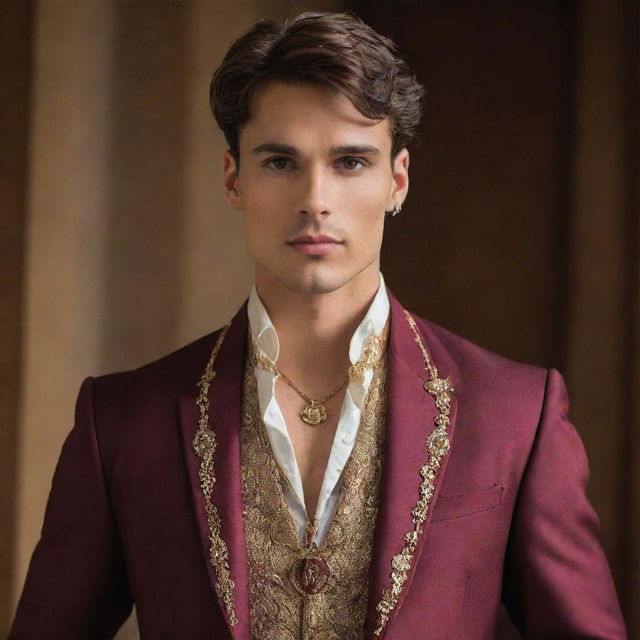 A strikingly handsome boy with a chiseled jawline and impeccable physique. He holds a regal air, dressed in a prince's attire with his burgundy hair and brown eyes further accentuating his features. A key-shaped locket chain graces his neck.