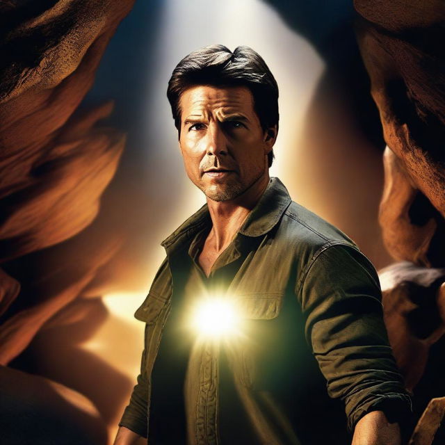 A captivating digital art image of Tom Cruise, the renowned actor, sporting a beard and exploring a cave