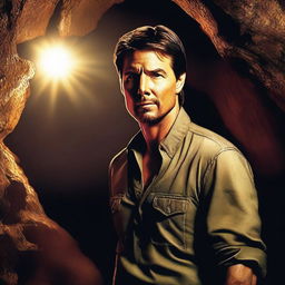 A captivating digital art image of Tom Cruise, the renowned actor, sporting a beard and exploring a cave