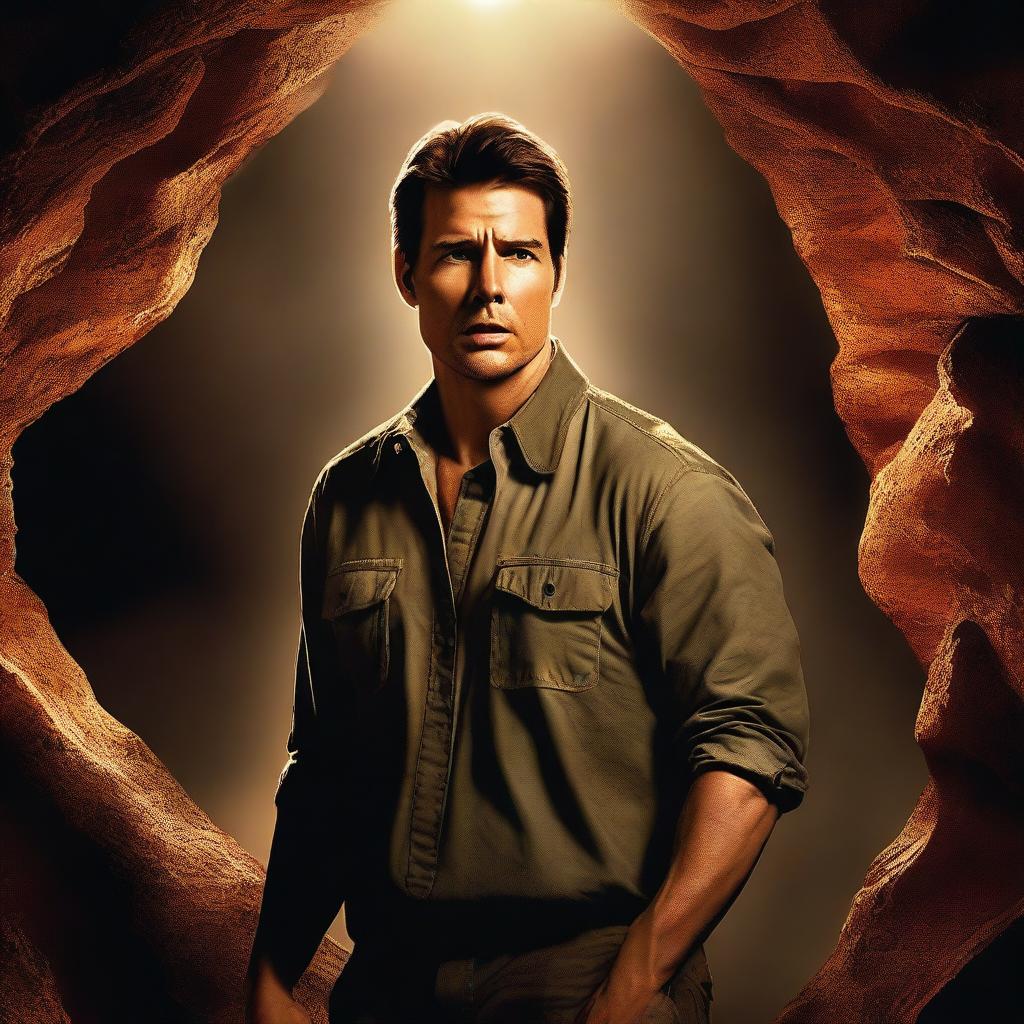 A high-resolution digital art image showcasing the acclaimed actor, Tom Cruise, with a stubble, exploring a mysterious cave