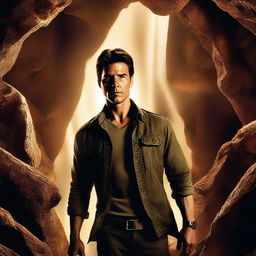 A high-resolution digital art image showcasing the acclaimed actor, Tom Cruise, with a stubble, exploring a mysterious cave