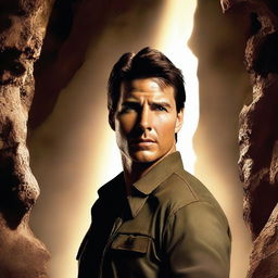 A high-resolution digital art image showcasing the acclaimed actor, Tom Cruise, with a stubble, exploring a mysterious cave