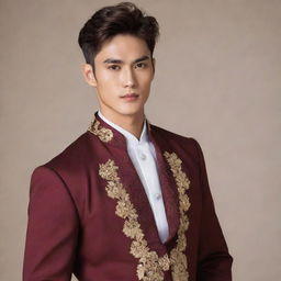 A strikingly handsome boy with a perfect jawline and incredible physique. He's dressed in royal clothing, his unique burgundy hair and brown eyes gives him a distinctly Korean appearance.