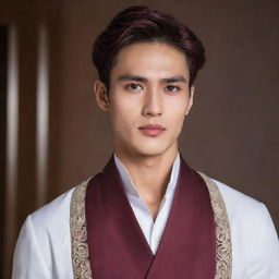 A strikingly handsome boy with a perfect jawline and incredible physique. He's dressed in royal clothing, his unique burgundy hair and brown eyes gives him a distinctly Korean appearance.