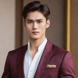 A strikingly handsome boy with a perfect jawline and incredible physique. He's dressed in royal clothing, his unique burgundy hair and brown eyes gives him a distinctly Korean appearance.