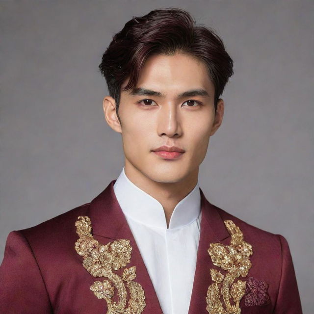 A strikingly handsome boy with a perfect jawline and incredible physique. He's dressed in royal clothing, his unique burgundy hair and brown eyes gives him a distinctly Korean appearance.