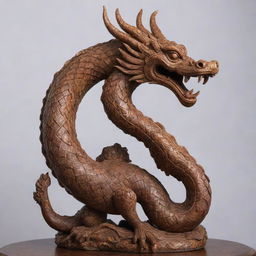 A wooden sculpture of a Naga, a mythical serpent creature from Southeast Asian folklore, intricately carved with attention to detail.