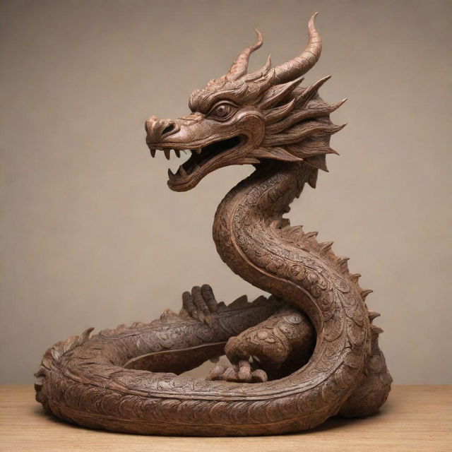 A wooden sculpture of a Naga, a mythical serpent creature from Southeast Asian folklore, intricately carved with attention to detail.