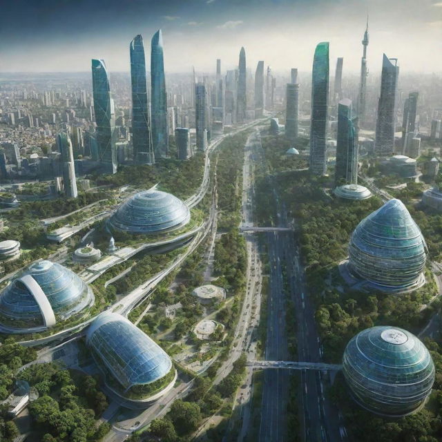 A futuristic depiction of India in the year 2050, showcasing advanced technology, green cities, high-speed transportation, and diverse, multicultural society