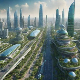 A futuristic depiction of India in the year 2050, showcasing advanced technology, green cities, high-speed transportation, and diverse, multicultural society