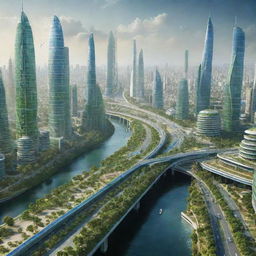 A futuristic depiction of India in the year 2050, showcasing advanced technology, green cities, high-speed transportation, and diverse, multicultural society