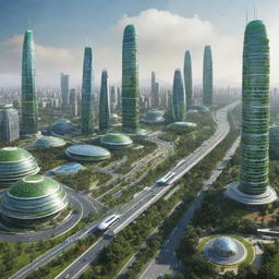 A futuristic depiction of India in the year 2050, showcasing advanced technology, green cities, high-speed transportation, and diverse, multicultural society