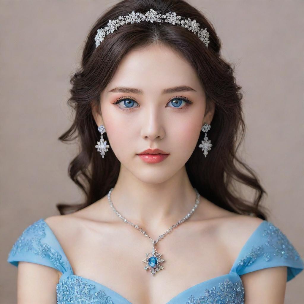 A girl with blue eyes, a round face, and perfect features. She has a flattering physique, dark brown hair, and is dressed in a crystal embellished, blue gown. A crystal snowflake locket chain adorns her neck, and her overall appearance has a distinct Korean touch.