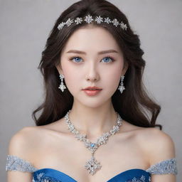 A girl with blue eyes, a round face, and perfect features. She has a flattering physique, dark brown hair, and is dressed in a crystal embellished, blue gown. A crystal snowflake locket chain adorns her neck, and her overall appearance has a distinct Korean touch.