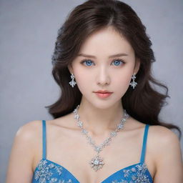 A girl with blue eyes, a round face, and perfect features. She has a flattering physique, dark brown hair, and is dressed in a crystal embellished, blue gown. A crystal snowflake locket chain adorns her neck, and her overall appearance has a distinct Korean touch.