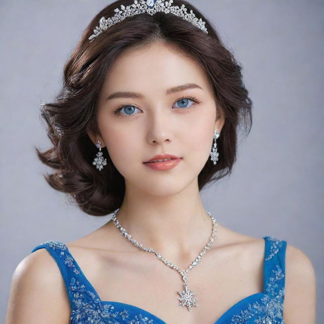 A girl with blue eyes, a round face, and perfect features. She has a flattering physique, dark brown hair, and is dressed in a crystal embellished, blue gown. A crystal snowflake locket chain adorns her neck, and her overall appearance has a distinct Korean touch.