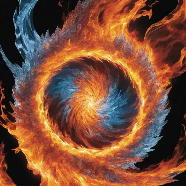 Book cover split in half: one side embodying the swirling flames of fire, the other the crisp, glistening facets of ice. The title 'Fire Crystal' is emblazoned across the center, connecting these two antithetical elements.