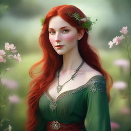 A high-resolution digital art image featuring a beautiful elvish woman with vibrant red hair