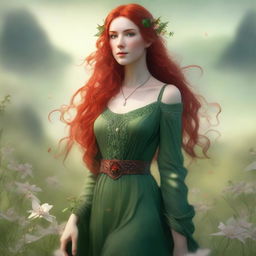 A high-resolution digital art image featuring a beautiful elvish woman with vibrant red hair