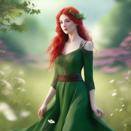 A high-resolution digital art image featuring a beautiful elvish woman with vibrant red hair