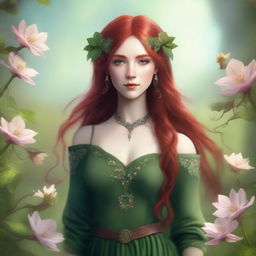 A high-resolution digital art image featuring a beautiful elvish woman with vibrant red hair