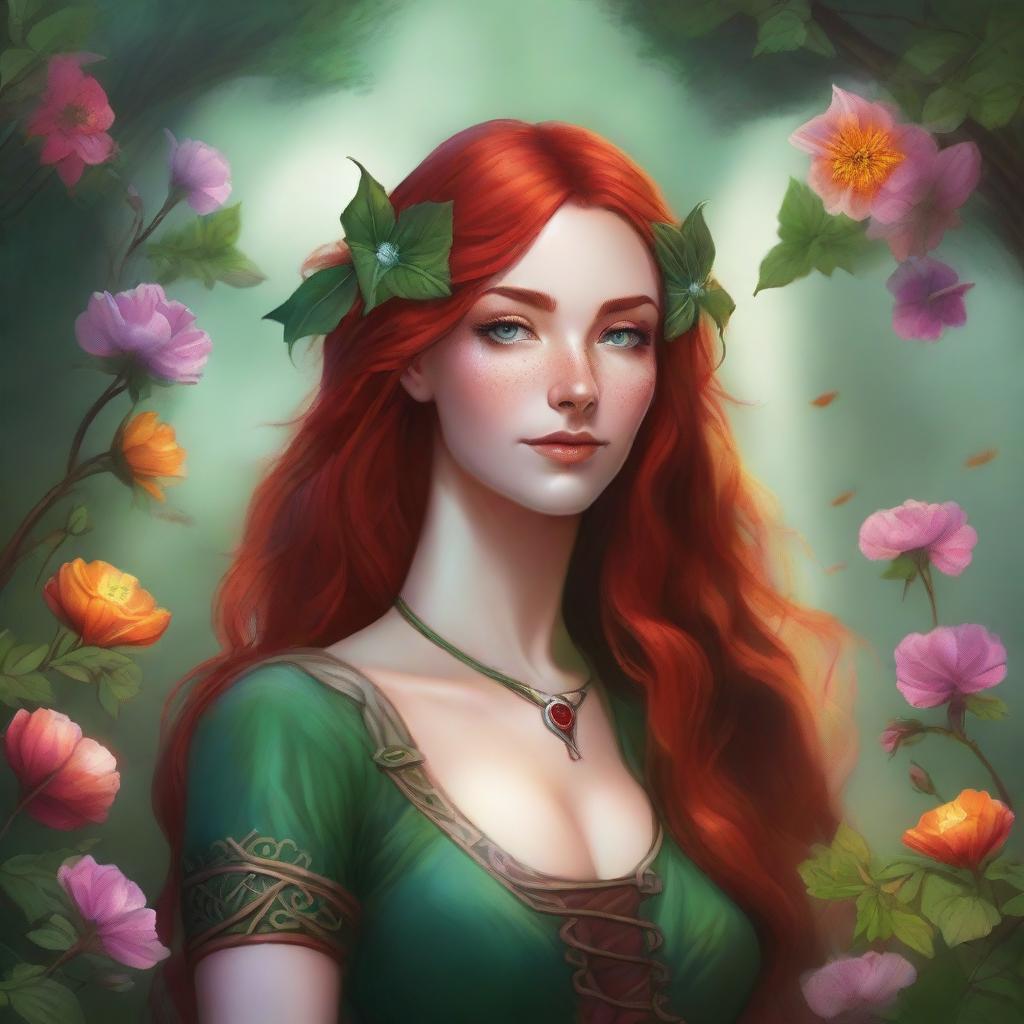 A detailed digital art image in the style of Dungeons and Dragons, showcasing a beautiful elvish woman with fiery red hair