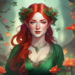 A detailed digital art image in the style of Dungeons and Dragons, showcasing a beautiful elvish woman with fiery red hair