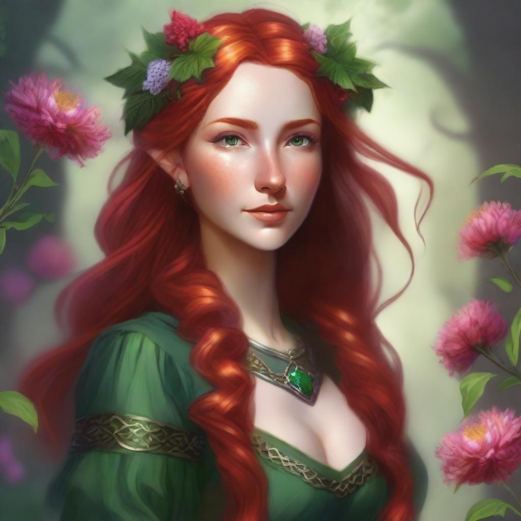 A detailed digital art image in the style of Dungeons and Dragons, showcasing a beautiful elvish woman with fiery red hair