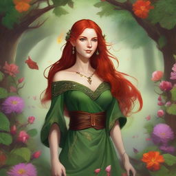 A detailed digital art image in the style of Dungeons and Dragons, showcasing a beautiful elvish woman with fiery red hair