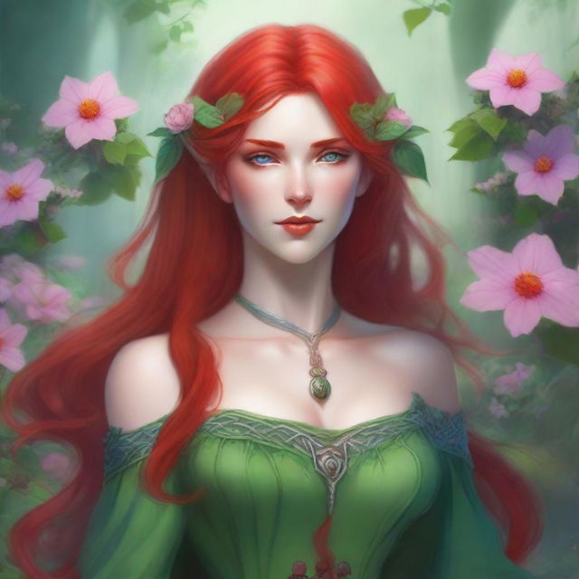 A high-quality digital art image, styled in the vein of Dungeons and Dragons, features a stunning elvish woman with striking red hair