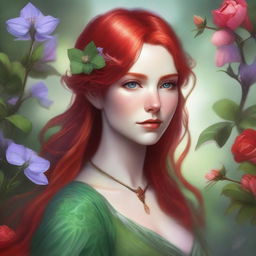 A high-quality digital art image, styled in the vein of Dungeons and Dragons, features a stunning elvish woman with striking red hair