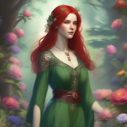 A high-quality digital art image, styled in the vein of Dungeons and Dragons, features a stunning elvish woman with striking red hair