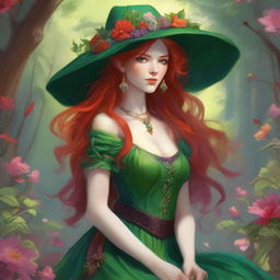 An exquisite digital art image, in the style of Dungeons and Dragons, portrays a breathtaking elvish woman with radiant red hair