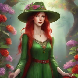 An exquisite digital art image, in the style of Dungeons and Dragons, portrays a breathtaking elvish woman with radiant red hair