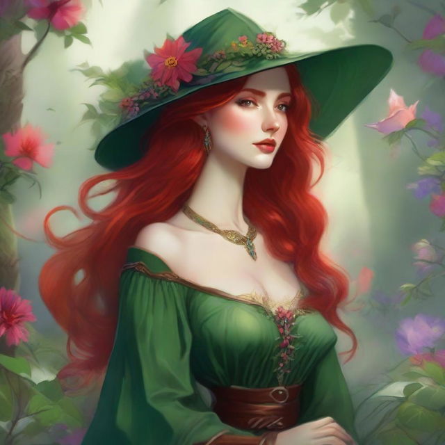 An exquisite digital art image, in the style of Dungeons and Dragons, portrays a breathtaking elvish woman with radiant red hair