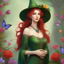 An exquisite digital art image, in the style of Dungeons and Dragons, portrays a breathtaking elvish woman with radiant red hair