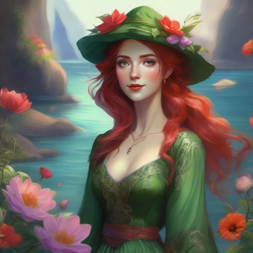 A high-quality digital art image, in the style of Dungeons and Dragons, depicts a stunning elvish woman with fiery red hair