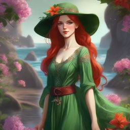 A high-quality digital art image, in the style of Dungeons and Dragons, depicts a stunning elvish woman with fiery red hair